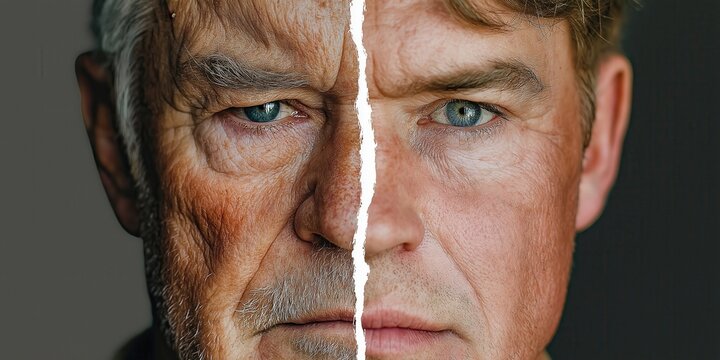 Split-screen portrait of older man's face showing aging and youthful appearances
