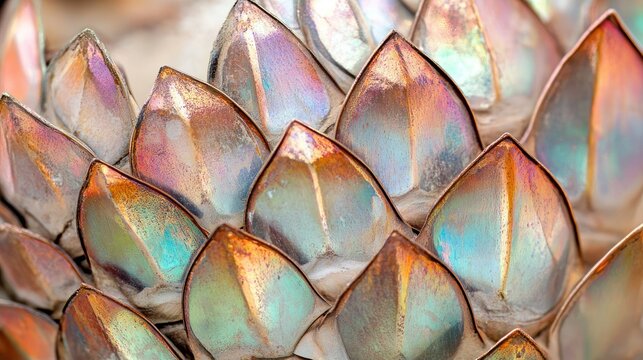 Detailed close up showcasing an arrangement of iridescent scale shapes