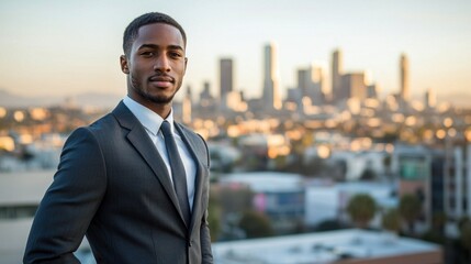 Confident Businessman Overlooking Cityscape with Urban Skyline Background