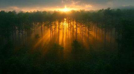 Obraz premium Golden Sunrise Rays Through Misty Forest