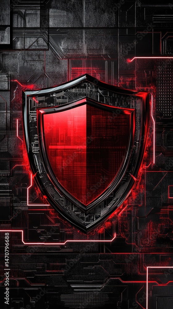 Aufkleber digital illustration of a shield icon with red and black tones against a circuit board background. t