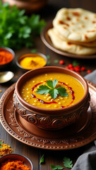 Authentic Indian Cuisine: Dal Tadka with Naan and Spices
