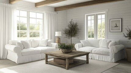 Fototapeta premium Farmhouse style layout with slipcovered sofas, shiplap walls, and rustic coffee table