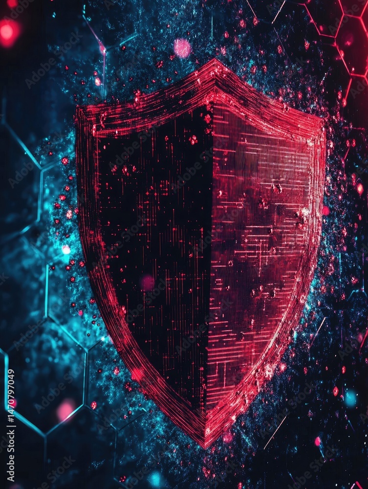 Poster digital shield composed of red data streams against a background of blue hexagonal patterns and scat