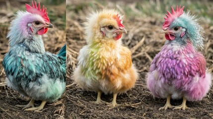 Fototapeta premium Three Colorful Chickens Displaying Various Feather Color Combinations In A Row