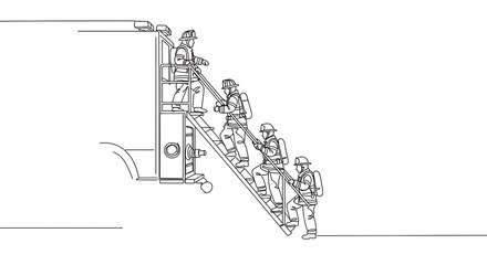Firefighters Climbing Ladder to Truck - Continuous Line Drawing