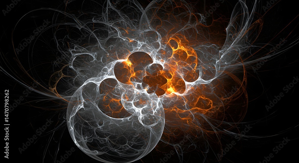 Poster intricate fractal design featuring ethereal silver tendrils juxtaposed with vibrant orange bursts ag