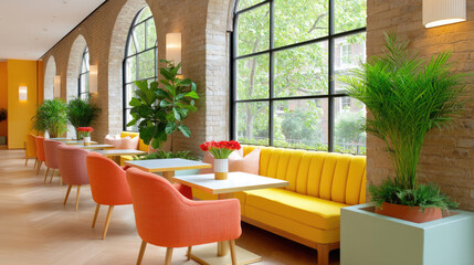 Fototapeta premium Bright sunny cafe interior design