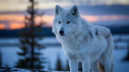 Obraz premium A majestic white wolf stands proudly in a snowy, winter landscape, bathed in the soft light of dusk. Its piercing blue eyes convey intelligence and wildness.