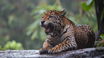 Obraz premium A majestic jaguar resting in a tropical rainforest, with its mouth slightly ajar. The jaguar has a beautiful spotted coat and appears relaxed.