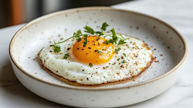 A single fried egg, centered on a speckled plate.