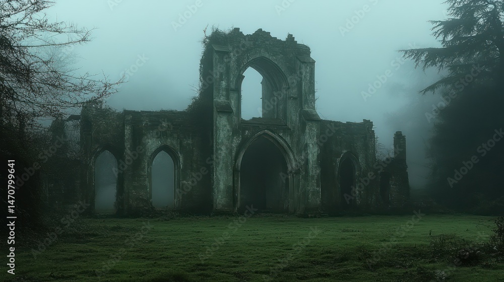 Poster ancient stone structure remains enveloped in green fields and fog