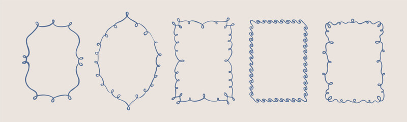 Wavy hand drawn frame set. Curvy, trendy borders. Cute sketch isolated. Doodle decoration.