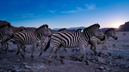 Naklejka premium A herd of zebras, captured in a stunning wildlife scene at dawn. The zebras, with their iconic stripes, are captured moving across a barren landscape under a dusky sky.