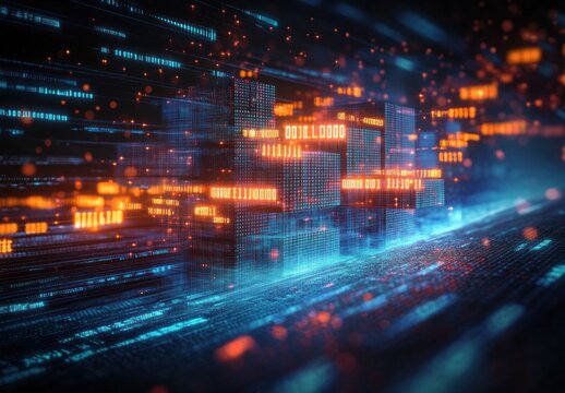 Abstract futuristic digital blocks with glowing binary code in blue and orange hues representing data processing or blockchain technology