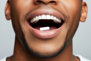 Naklejka premium Close-up portrait of African man with white pill on tongue