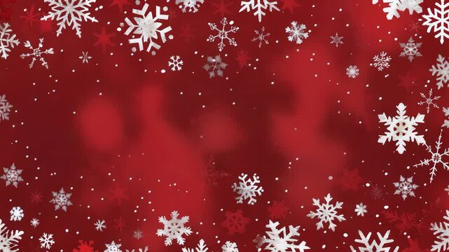 This image showcases a festive winter scene. White snowflakes of varying sizes fall against a rich red backdrop. The pattern creates a holiday atmosphere, ideal for seasonal content.