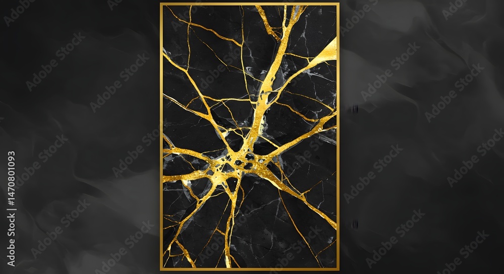 Poster opulent veins of gold weaving intricate patterns across a dark marble slab framed in radiant gold cr