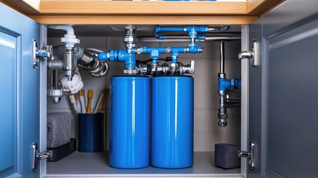 Inline water filter under bathroom sink connected to pipes and valves in tidy cabinet