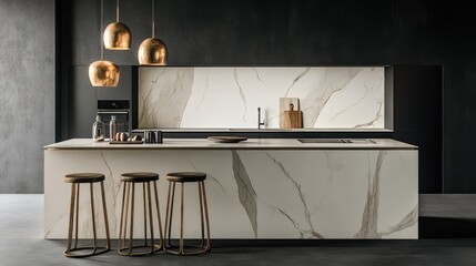 Kitchen island with stylish stools, pendant lights, and marble surface