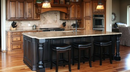 Kitchen island with stylish stools, pendant lights, and marble surface