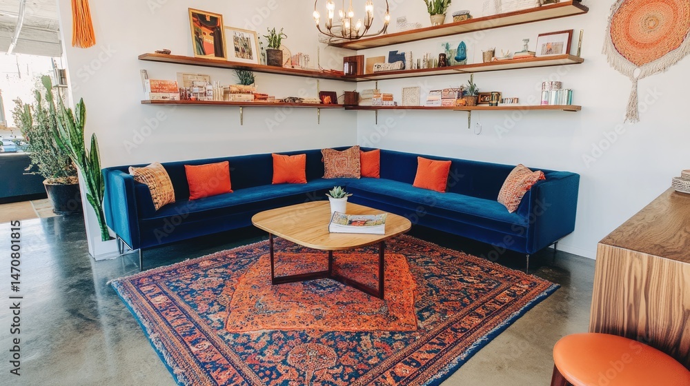 Poster layout with centered seating around statement rug and linear shelving system