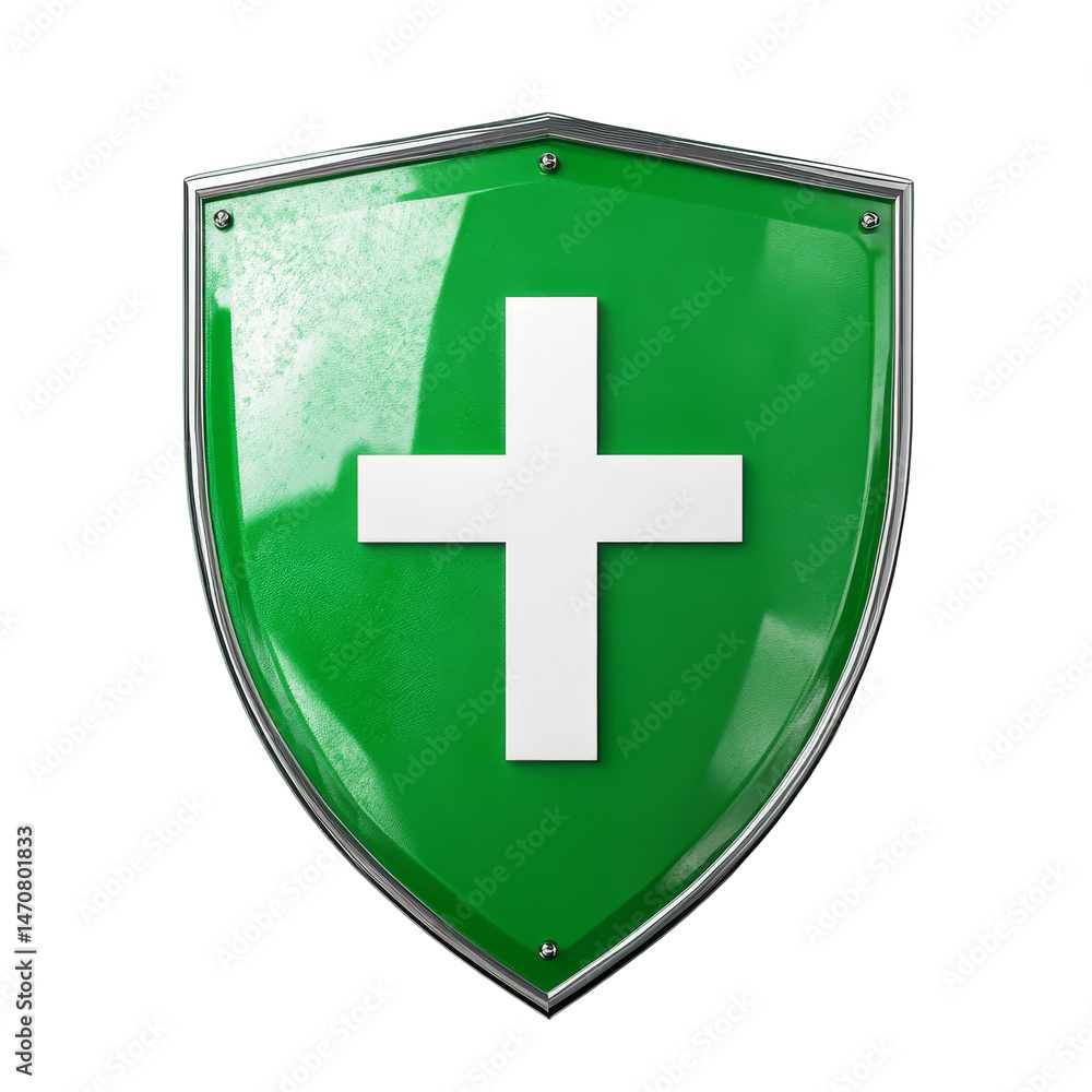 Poster a green shield with a transparent cross icon symbolizing protection and health in a modern design, g
