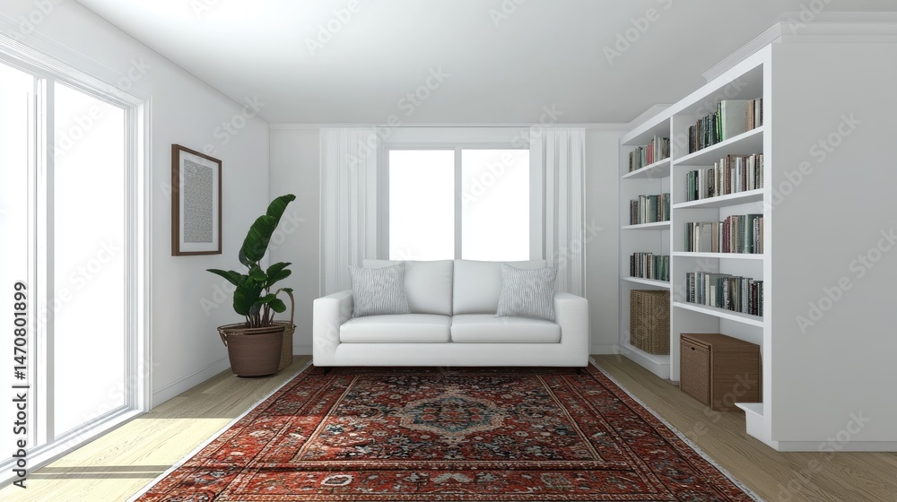 Poster layout with centered seating around statement rug and linear shelving system