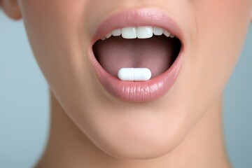 Fototapeta premium Close-up of female mouth holding white pill on light blue background