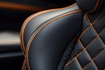 close-up of black leather car seat with detailed orange stitching and padded headrest showing luxury and craftsmanship