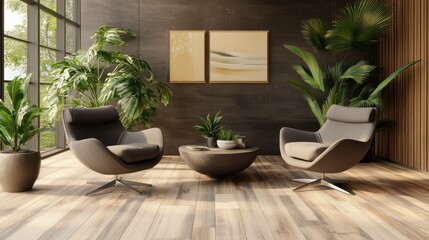Two modern armchairs and plants in an interior living space