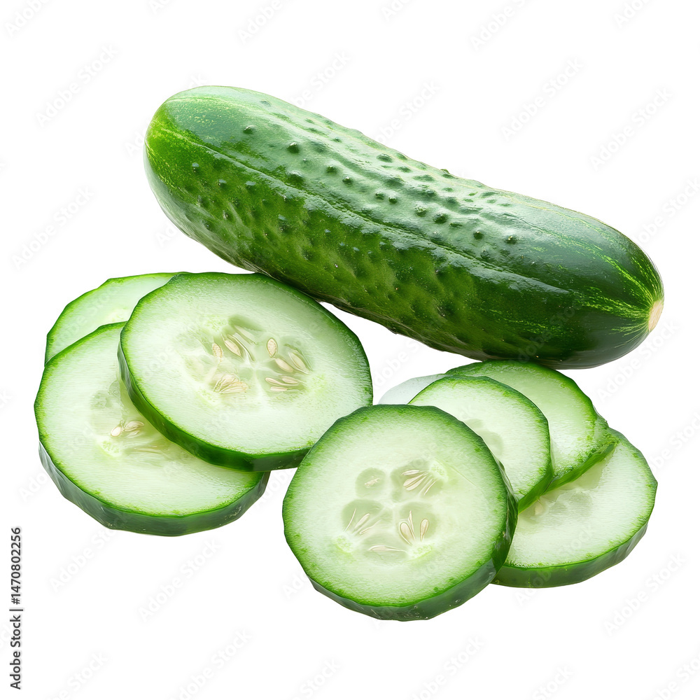 Poster fresh cucumber and slices placed on a clean transparent background for a vibrant and healthy food pr