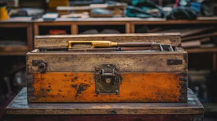 An Old Wooden Toolbox Containing Several Tools Is Open