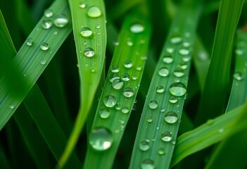 Naklejka premium Emerald green reed leaves glistening with fresh rain droplets, macro detail, outdoor photography, horizontal
