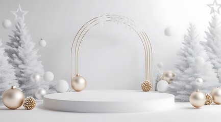 White podium stage product display  presentation backdrop with Christmas trees. 