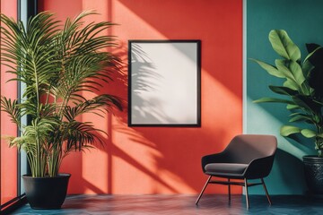 Modern interior design with bold color palette and tropical plants.