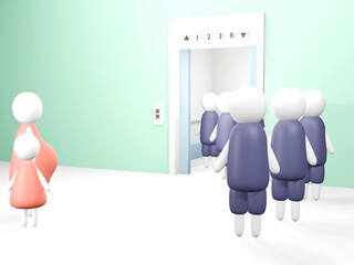 3dレンダリングのエレベーターの順番を待つお母さん