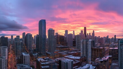 Fototapeta premium Beautiful urban skyline at sunset with colorful illuminated skies