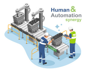 Teamwork between human workers and robotic arms in an industrial assembly line showcasing automation and precision in quality control operations cartoon