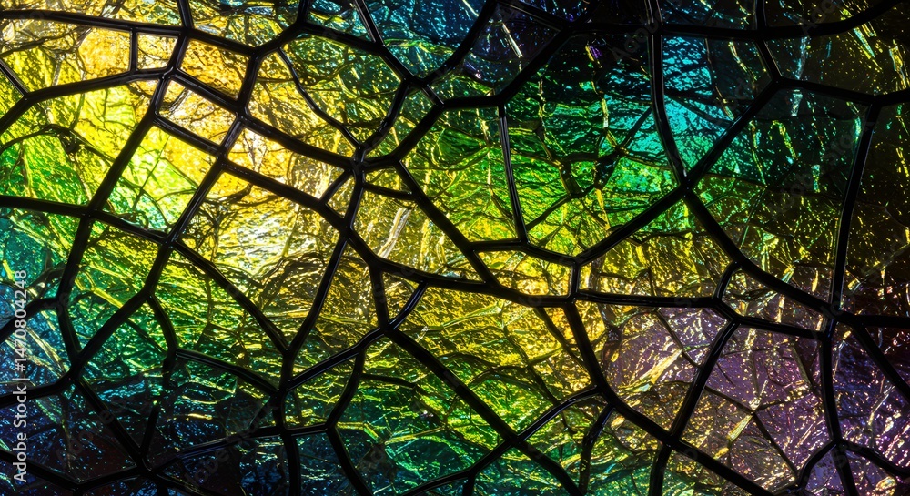 Poster iridescent stained glass texture, a mesmerizing mosaic of colors interwoven with dark lines creating