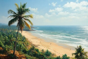 Fototapeta premium Serene tropical beach with golden sand, gentle ocean waves, scattered palm trees, and a few people walking along the shore under a partly cloudy sky