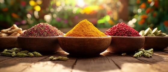 Colorful spices in wooden bowls on a rustic table.
