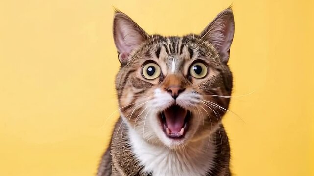 A scene of a confused cat with a surprised face isolated on a yellow background with copy space