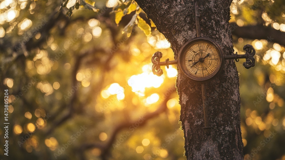 Poster an antique style clock is attached to a tree trunk