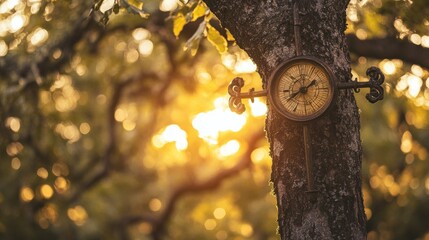 An antique style clock is attached to a tree trunk