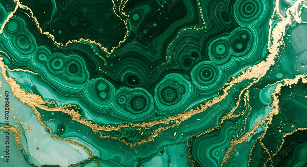 Poster abstract emerald green with golden inclusions creating a mesmerizing organic pattern, resembling the