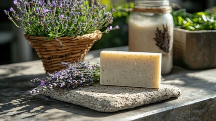 Natural Lavender Soap with Flowers and Rustic Jar in Garden Setting