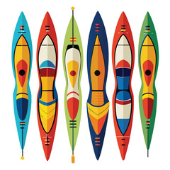 Nine classic kayak  arranged on a white background.