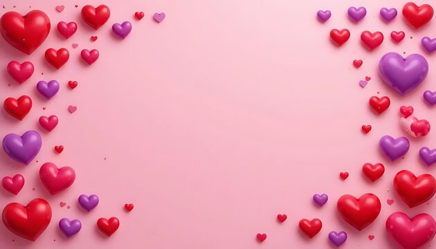 Fototapeta Romantic background featuring 3D pink and red hearts scattered around a soft pink backdrop with empty space in the center, perfect for Valentine's Day, love-themed messages, or greeting cards.