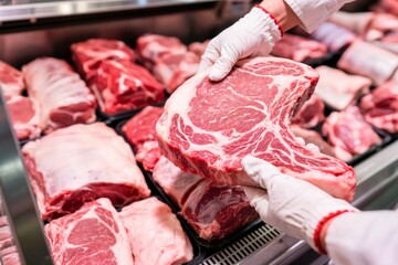 close-up sellers hands hold put add t-bone steak meat showcase refrigerator concept display assorted meat on showcase for sale in butchers shop